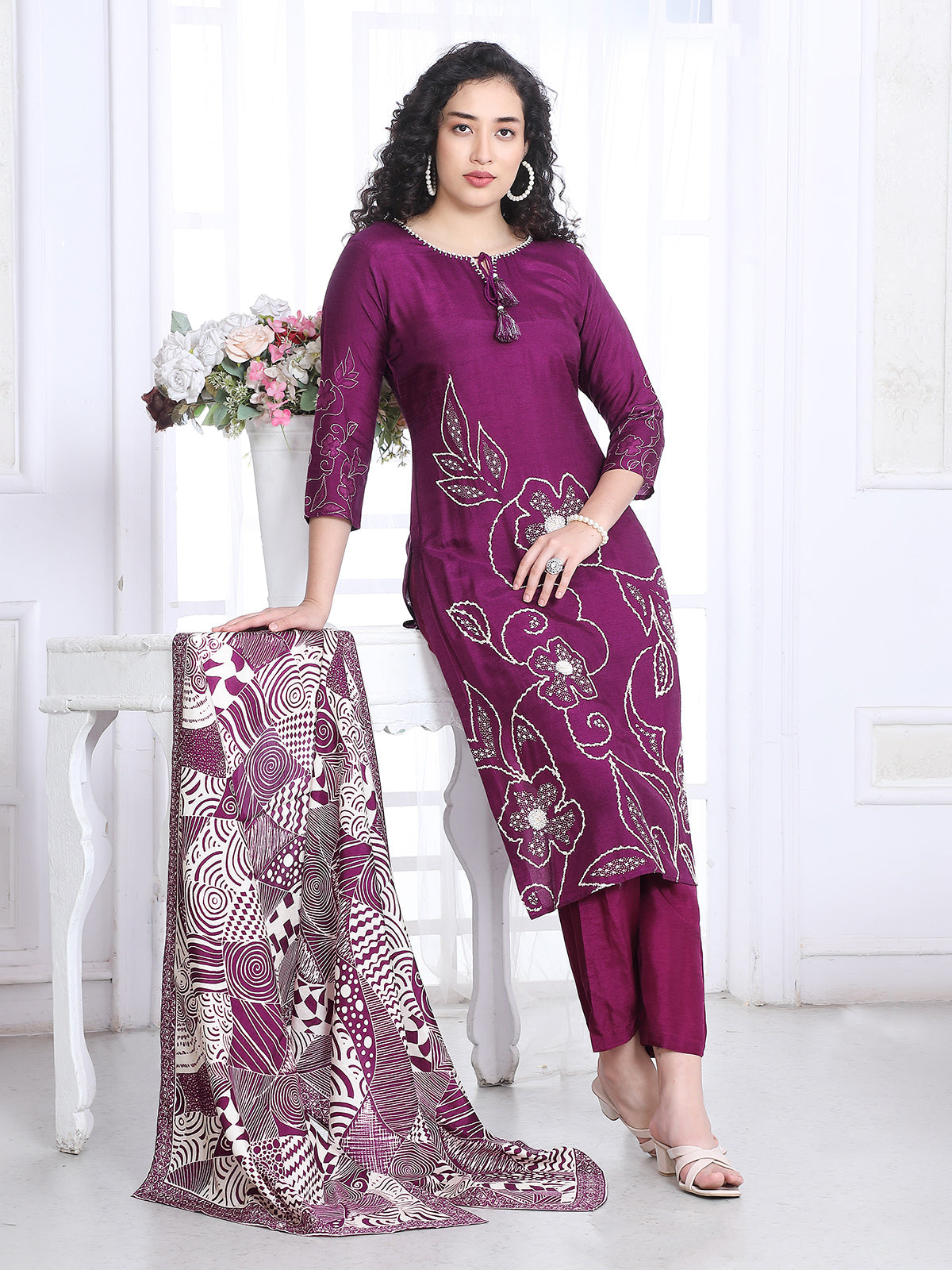Wine silk printed festive kurti set with dupatta