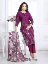 Wine silk printed festive kurti set with dupatta