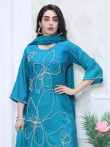 Blue silk straight cut kurti set festive elegance