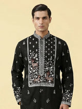 Black silk embroidered work festive mandarin collar kurta suit