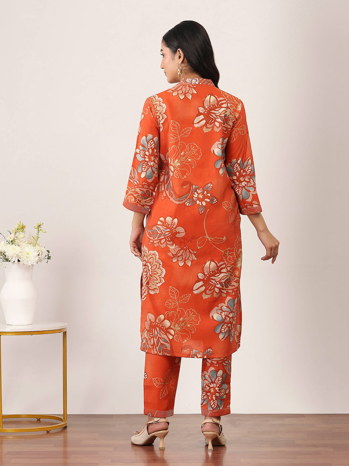 Rust orange cotton silk floral printed kurti set