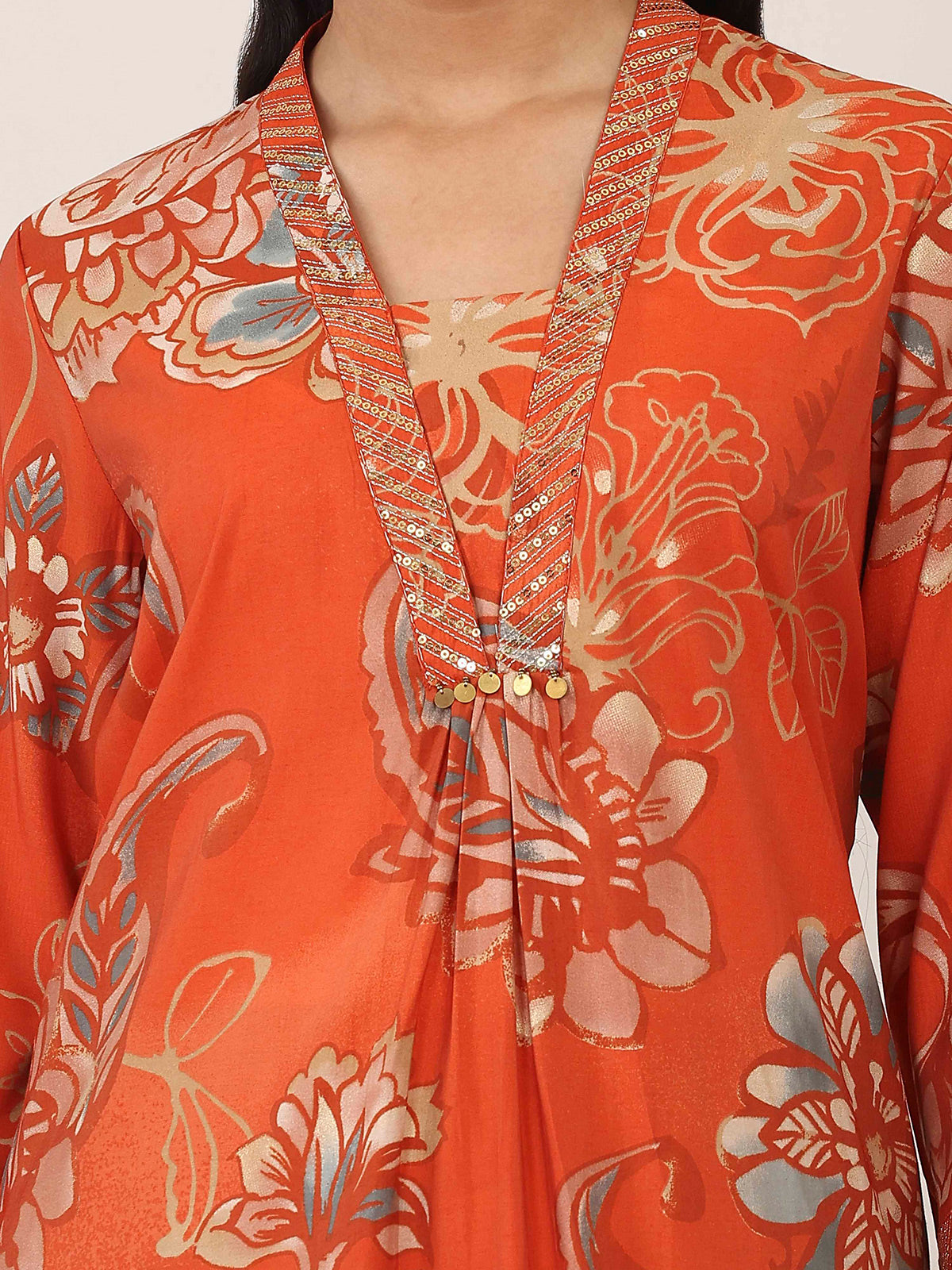 Rust orange cotton silk floral printed kurti set