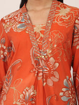Rust orange cotton silk floral printed kurti set