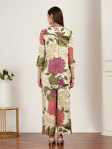 Cream cotton silk floral printed collar neck co ord set
