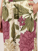 Cream cotton silk floral printed collar neck co ord set