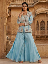 Sky blue silk jacket style designer palazzo suit