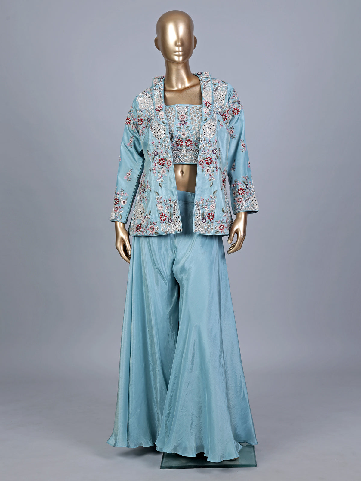 Sky blue silk jacket style designer palazzo suit