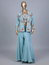Sky blue silk jacket style designer palazzo suit