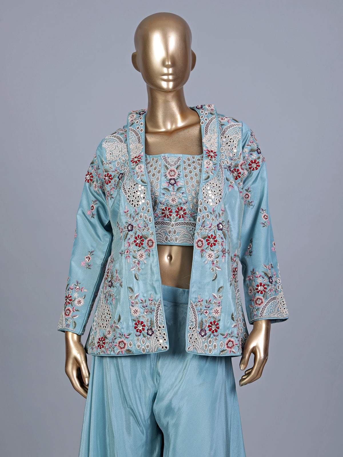 Sky blue silk jacket style designer palazzo suit