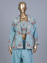 Sky blue silk jacket style designer palazzo suit