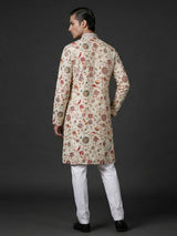 Cream silk floral resham work festive kurta suit