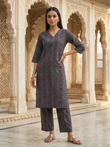 Stone blue cotton printed kurti set everyday elegance