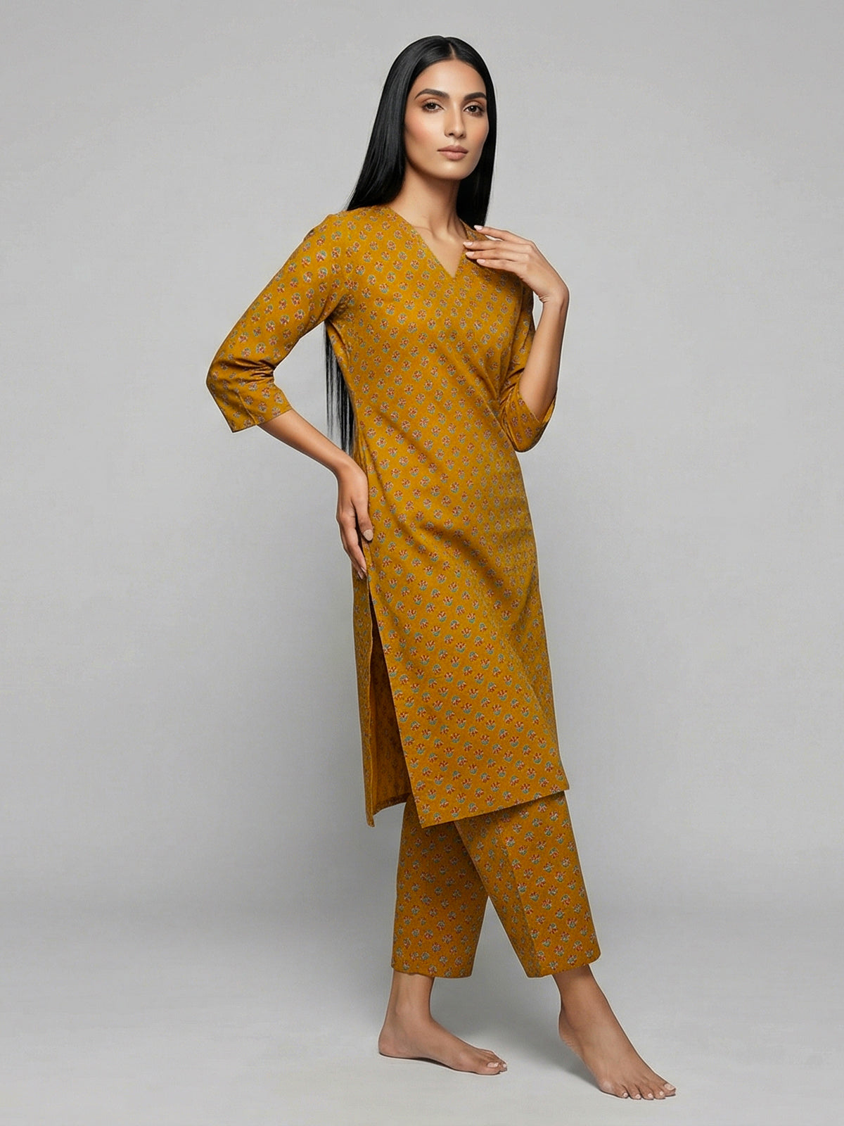 Mustard yellow cotton printed kurti set vibrant style