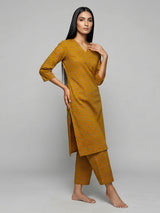 Mustard yellow cotton printed kurti set vibrant style