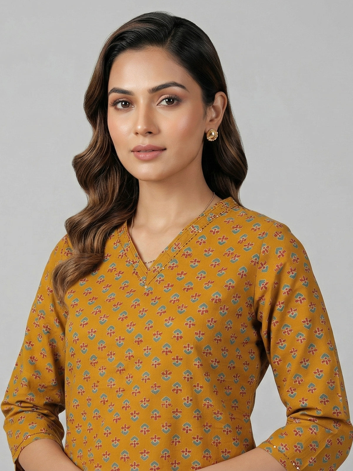 Mustard yellow cotton printed kurti set vibrant style