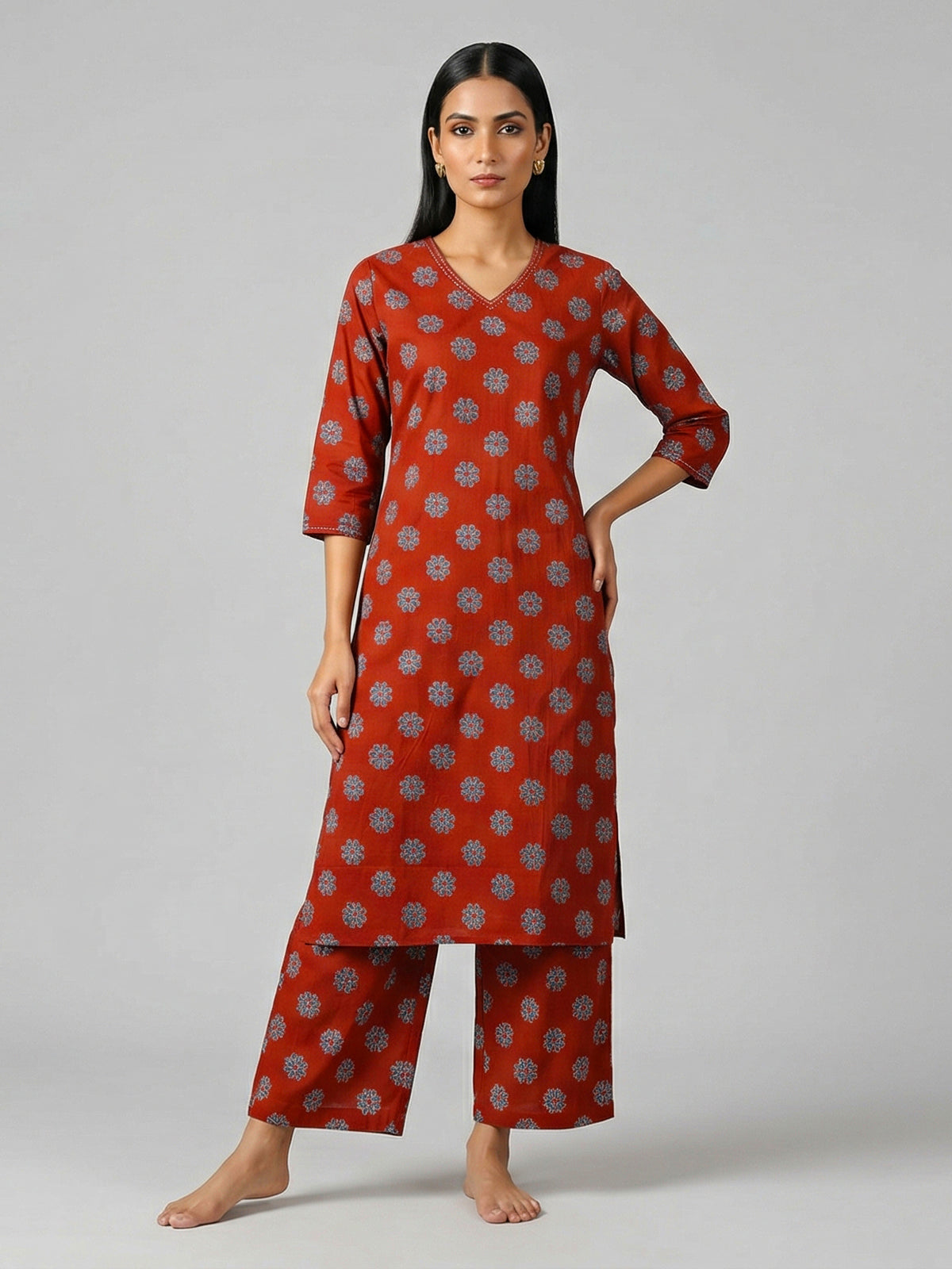 Maroon cotton silk printed kurti set soft elegance