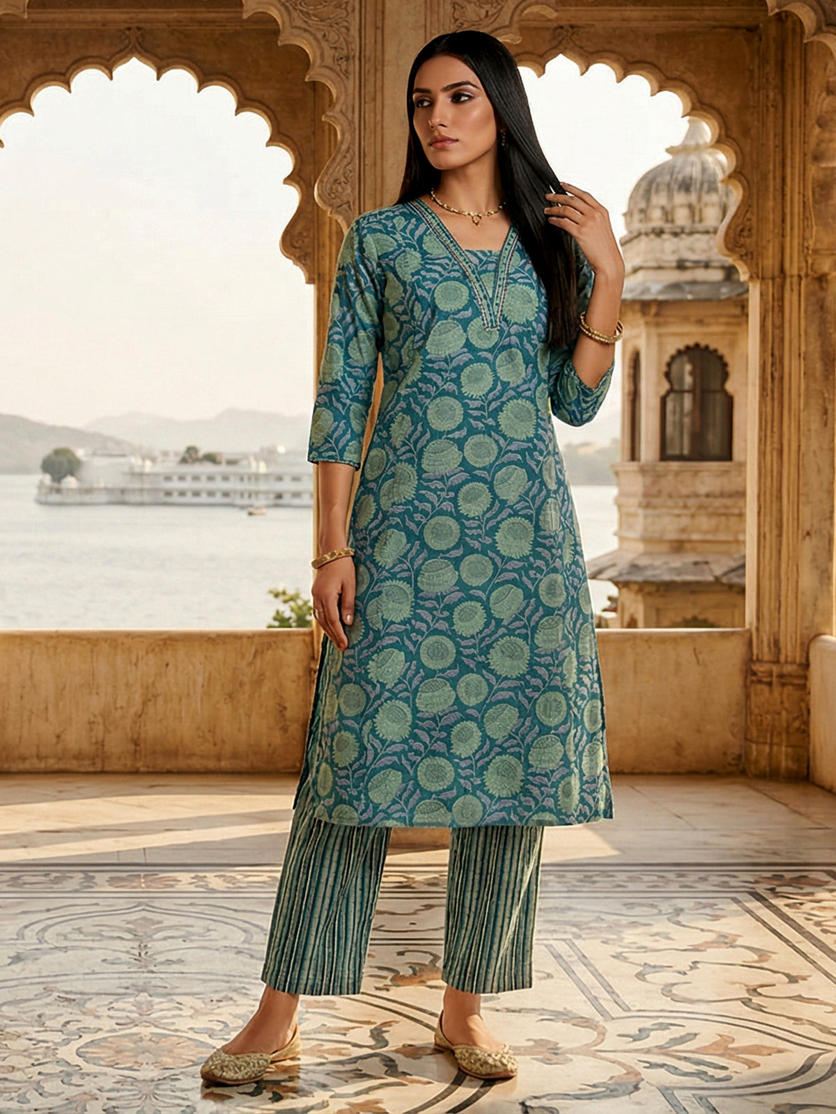 Blue cotton silk floral printed kurti set grace