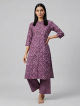 Purple cotton silk floral printed kurti set elegance