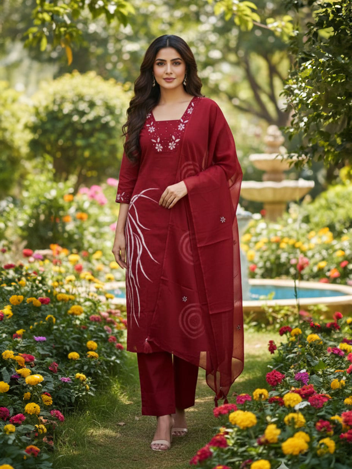 Maroon festive wear straight cut kurti set