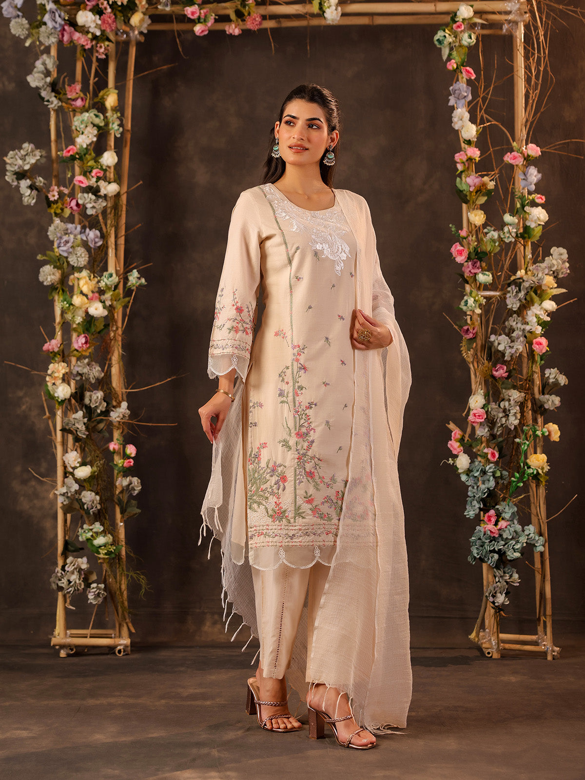 Beige cotton straight cut kurti set