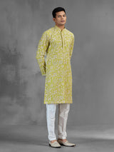 Lime green silk men kurta suit with zardosi