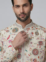 Cream silk floral resham work festive kurta suit