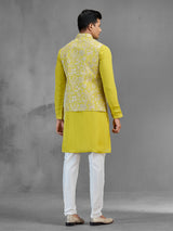 Lime green jacquard silk ethnic mens waistcoat set