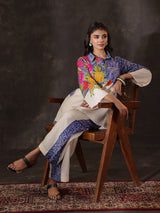 Beige silver linen printed casual festive co ord set