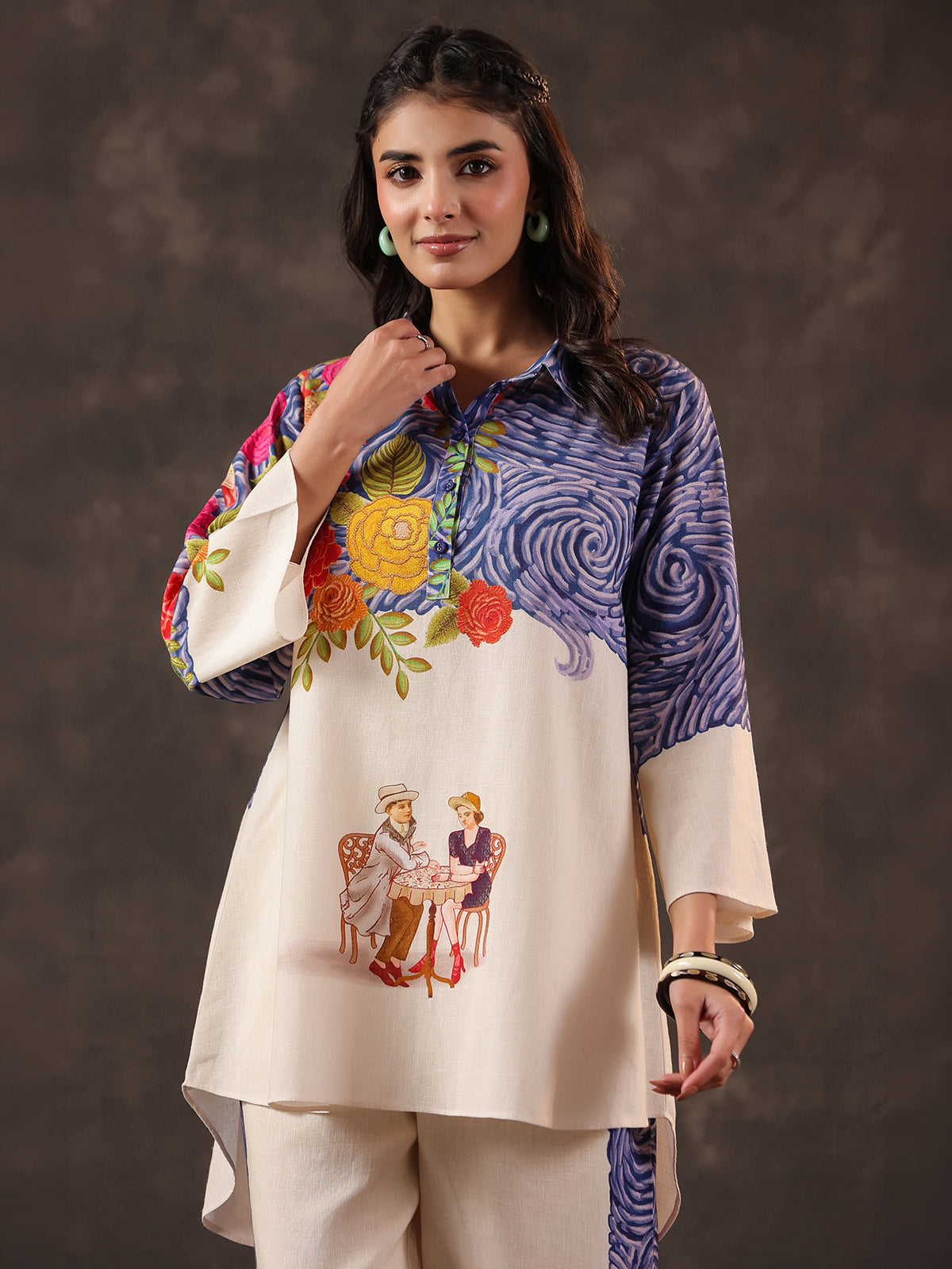 Beige silver linen printed casual festive co ord set