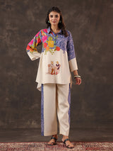 Beige silver linen printed casual festive co ord set