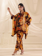 Yellow brown satin floral kaftan style co ord set