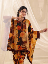 Yellow brown satin floral kaftan style co ord set