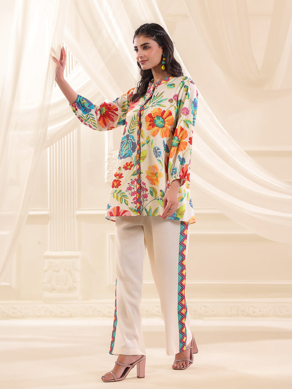 Cream silver linen floral printed festive co ord set