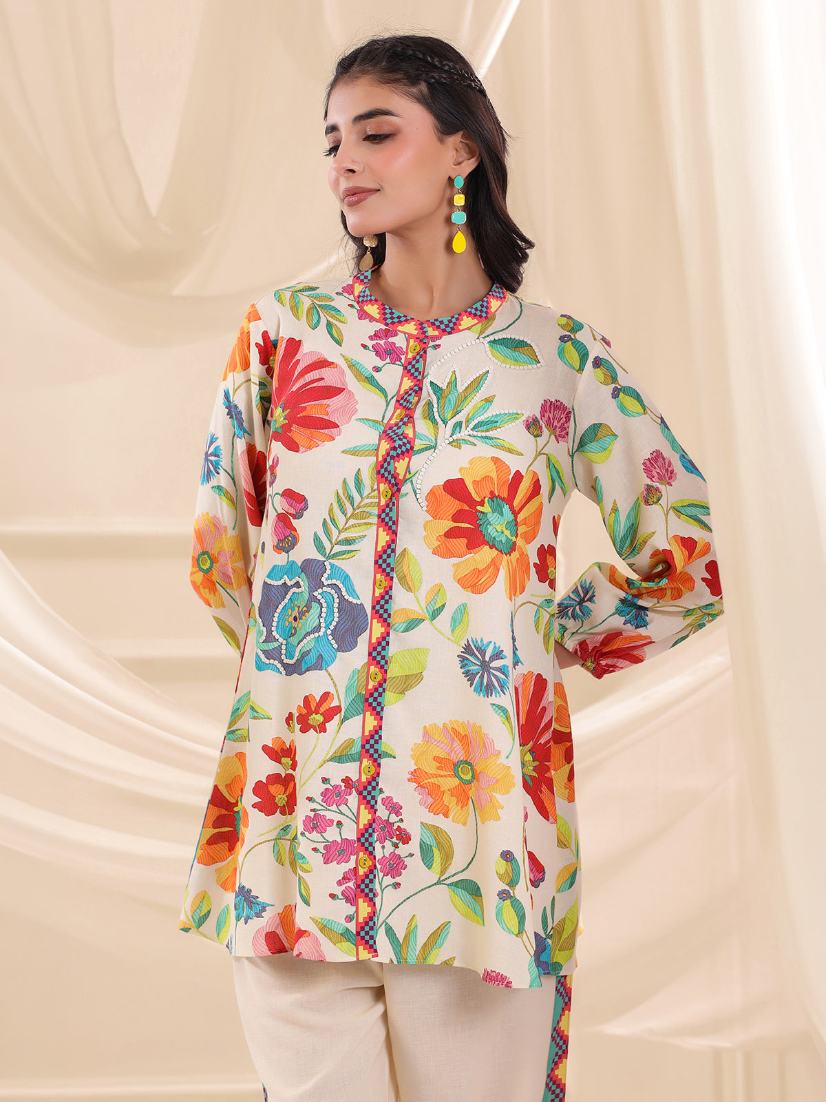 Cream silver linen floral printed festive co ord set