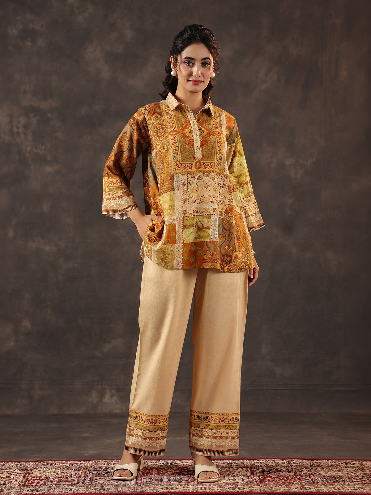 Beige silver linen printed casual co ord set
