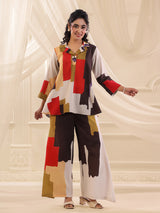 Multicolor silver linen printed festive casual co ord set
