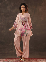 Peach silver linen sequin printed co ord set