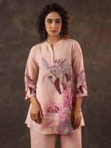 Peach silver linen sequin printed co ord set