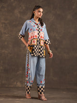Sky blue silver linen printed casual co ord set