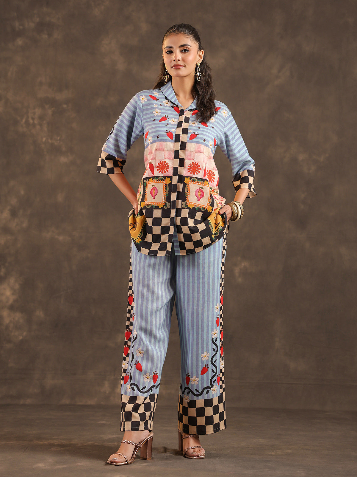 Sky blue silver linen printed casual co ord set