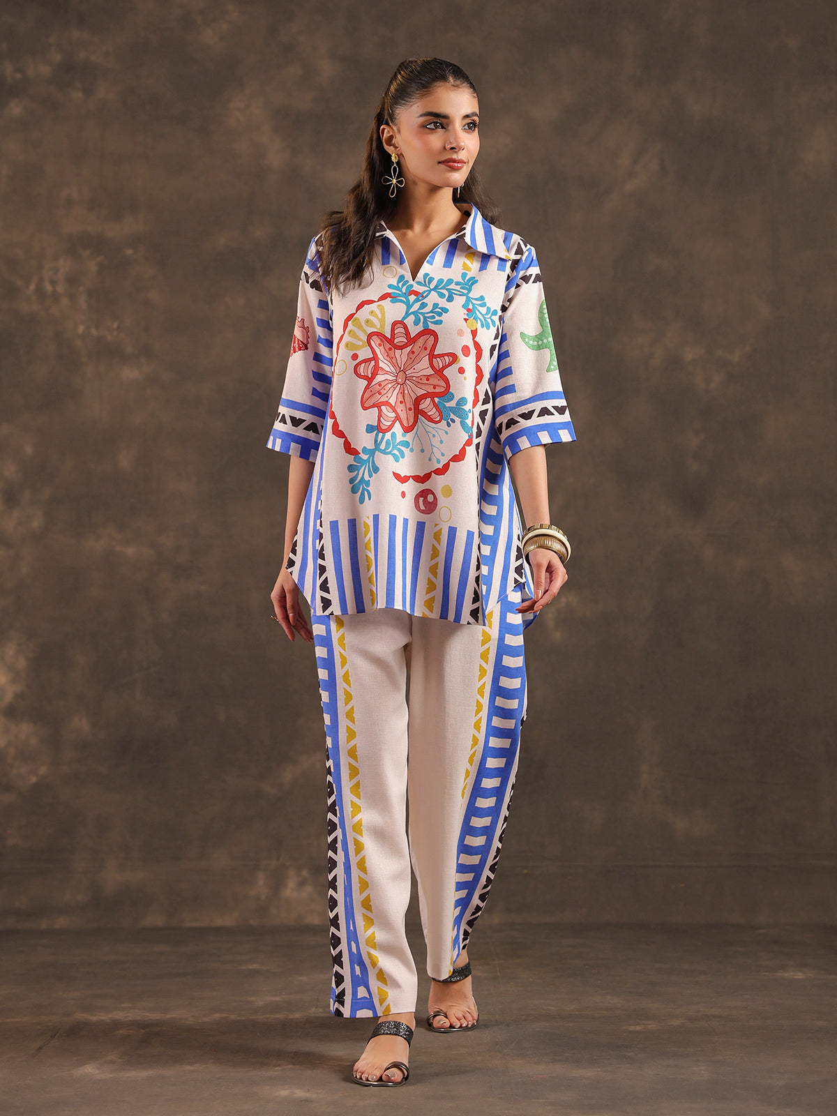 Beige silver linen printed casual co ord set for women