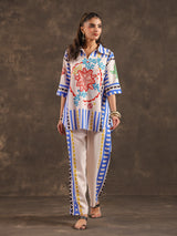 Beige silver linen printed casual co ord set for women