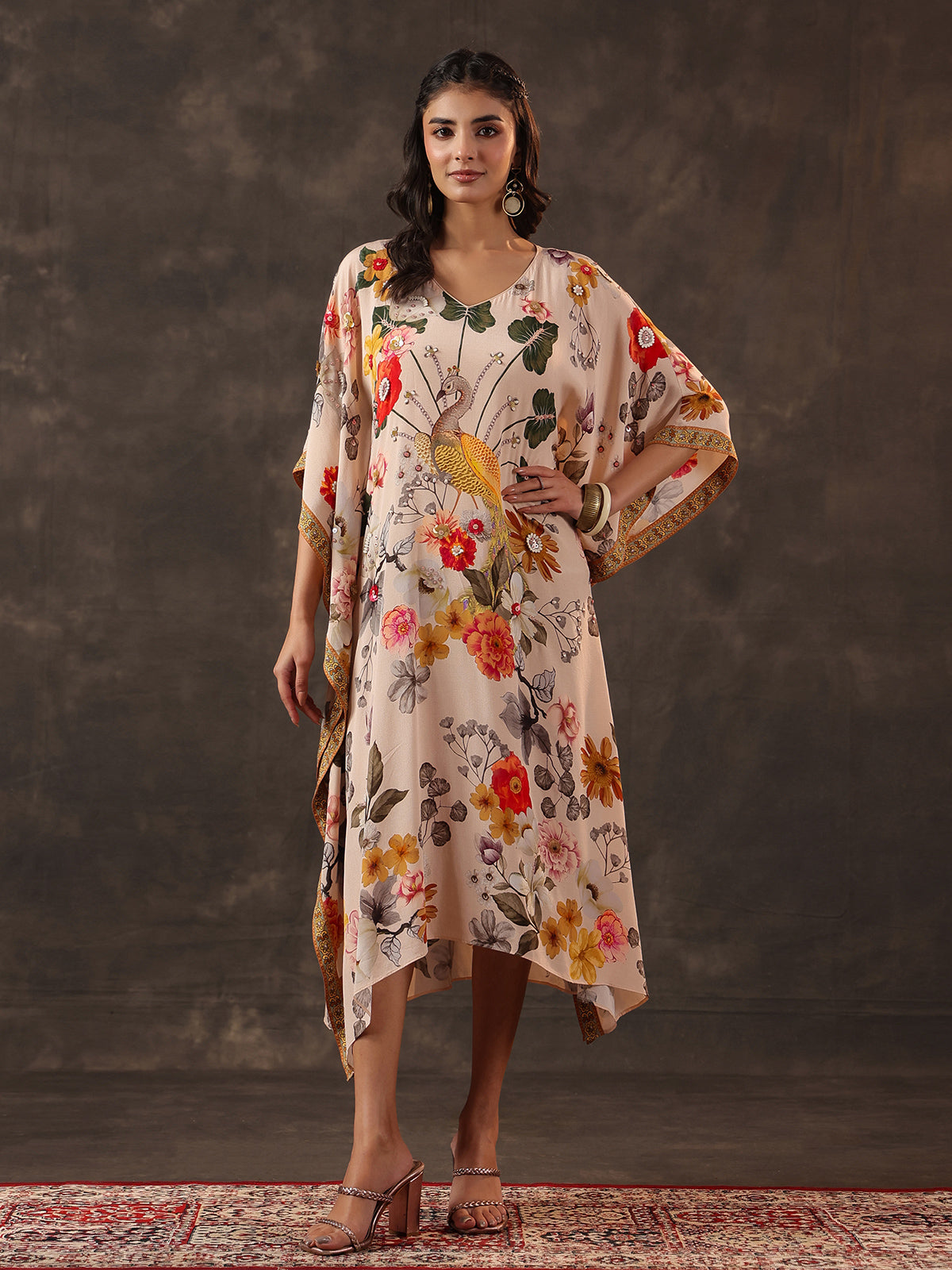 Beige viscose crepe printed kaftan style embellished festive kurti