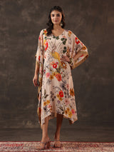 Beige viscose crepe printed kaftan style embellished festive kurti