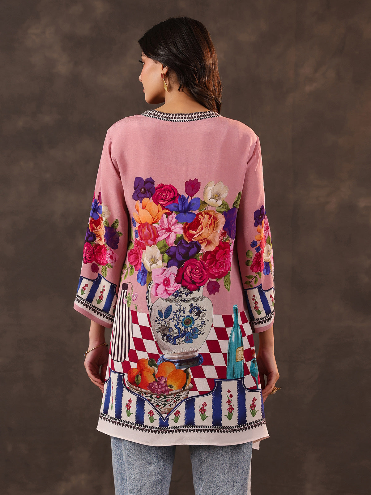 Pink viscose crepe printed short kurti