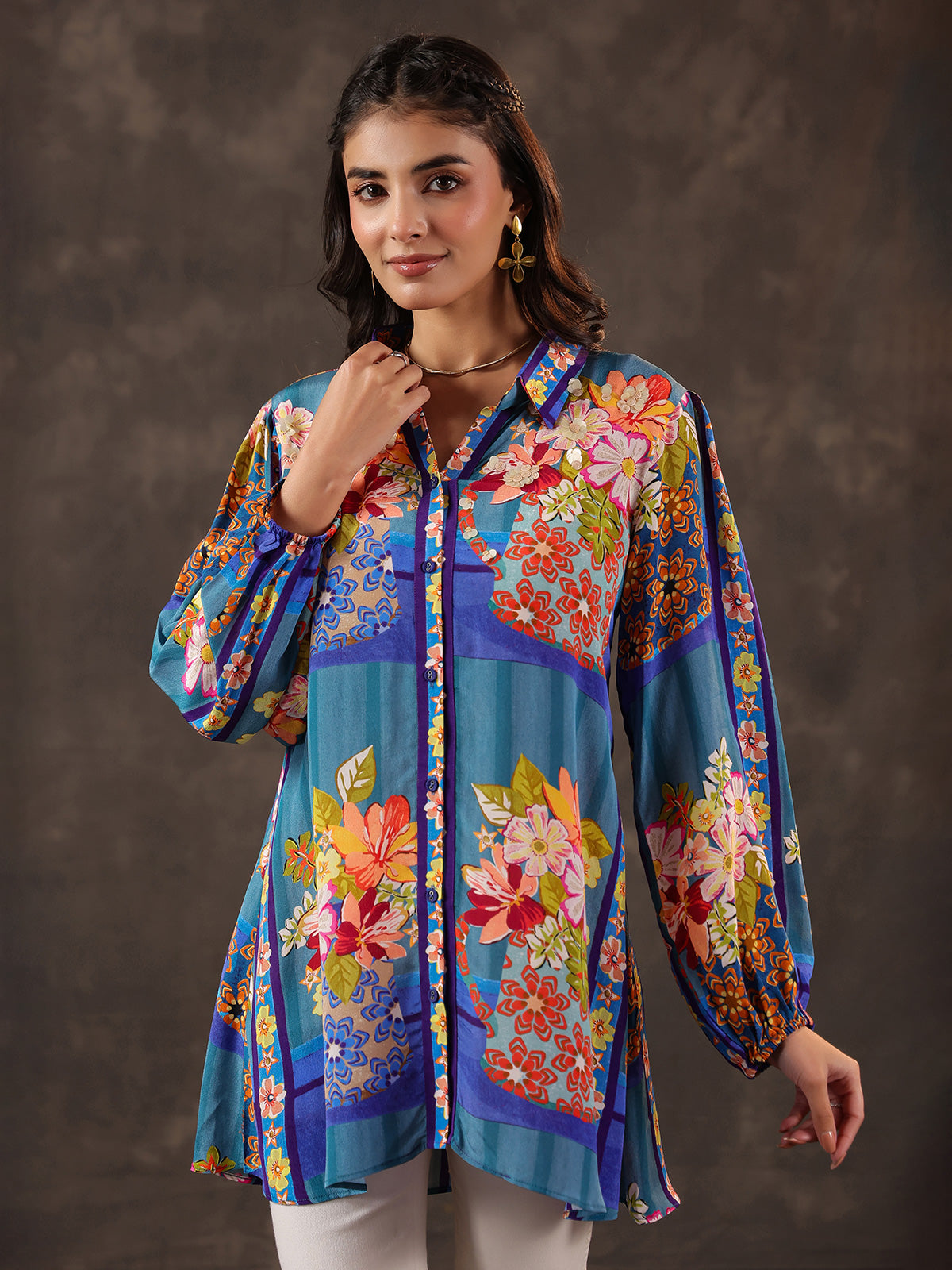 Blue viscose crepe printed casual short kurti