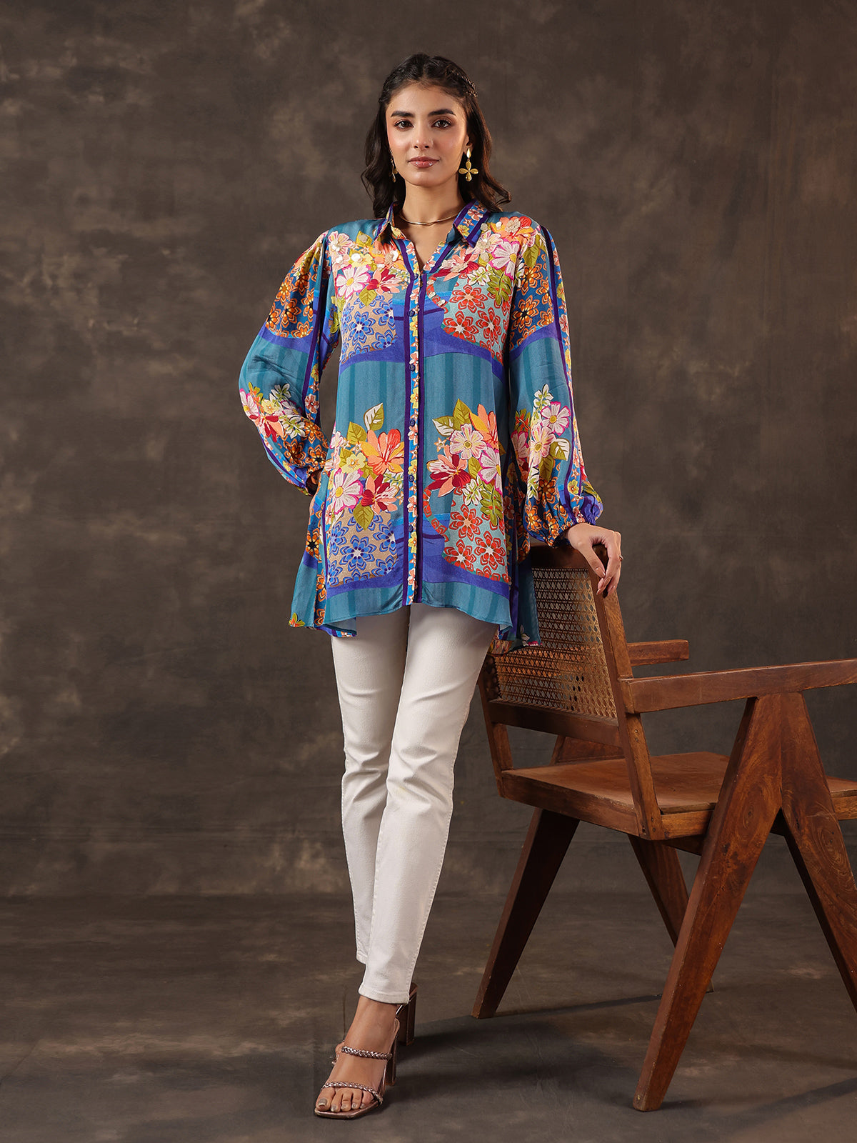 Blue viscose crepe printed casual short kurti