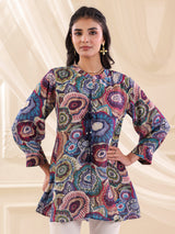 Purple linen silk printed casual stand collar short kurti