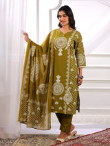 Mehendi green cotton silk printed kurti set for women