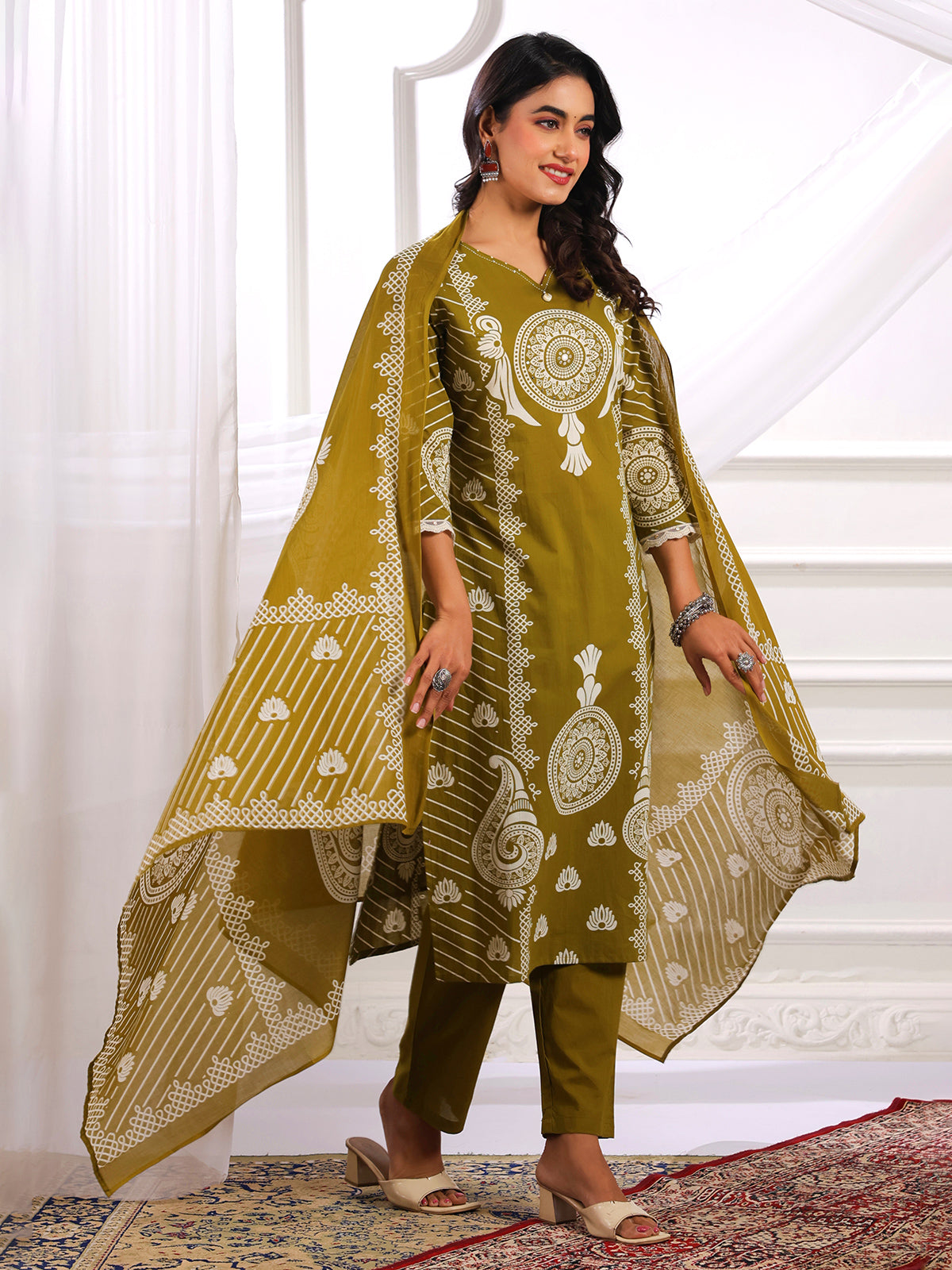 Mehendi green cotton silk printed kurti set for women
